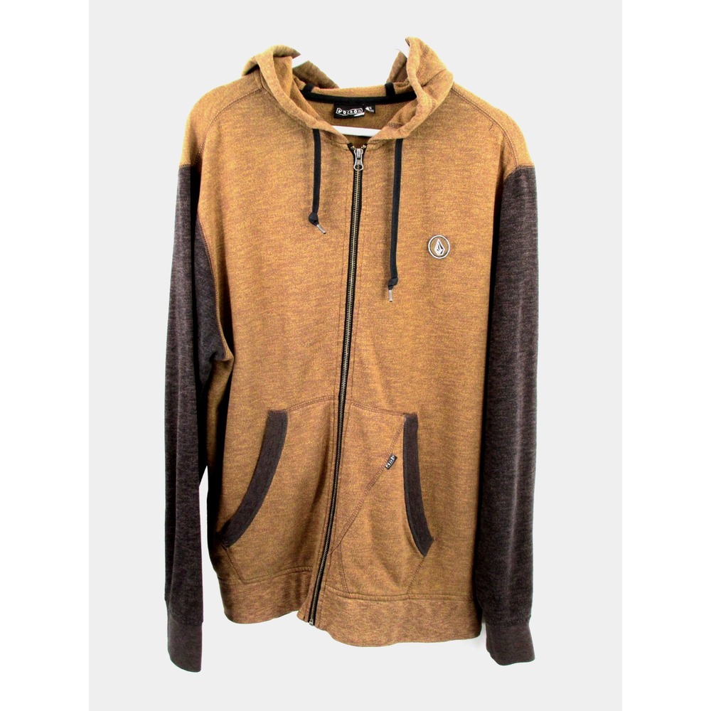 Volcom Full Zip Hooded Jacket Mens L Tan Brown Colorblock Vintage Y2K Skater